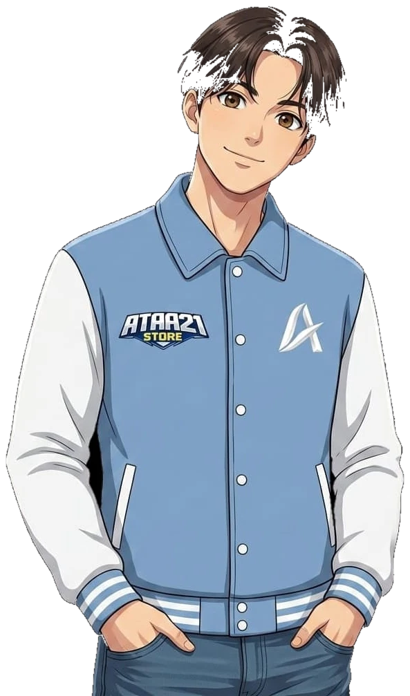 Maskot ATAA21 STORE memakai jaket biru